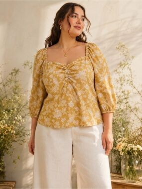Romantic Cottagecore Mustard Floral Linen Blend Blouse XL